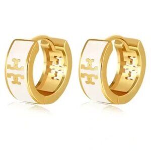 Tory Burch Gold and White Logo Hoop Earrings
